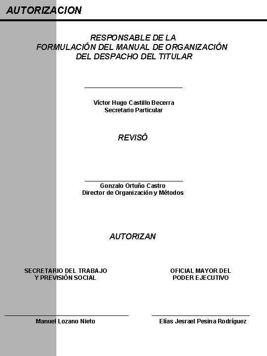 AUTORIZACION RESPONSABLE DE LA FORMULACIÓN DEL MANUAL DE ORGANIZACIÓN DEL DESPACHO DEL TITULAR Víctor