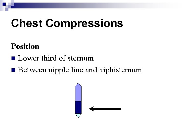 Chest Compressions Position n Lower third of sternum n Between nipple line and xiphisternum