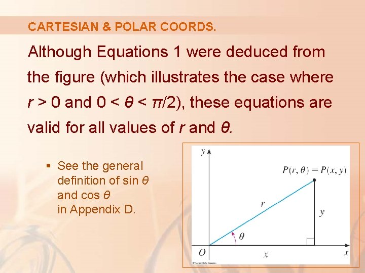 CARTESIAN & POLAR COORDS. Although Equations 1 were deduced from the figure (which illustrates