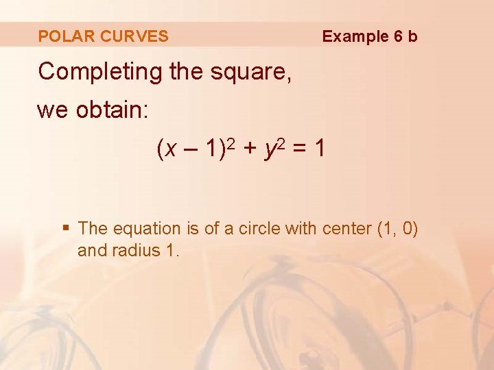 POLAR CURVES Example 6 b Completing the square, we obtain: (x – 1)2 +