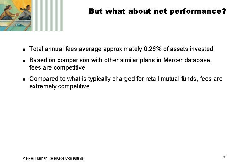 But what about net performance? n n n Total annual fees average approximately 0.