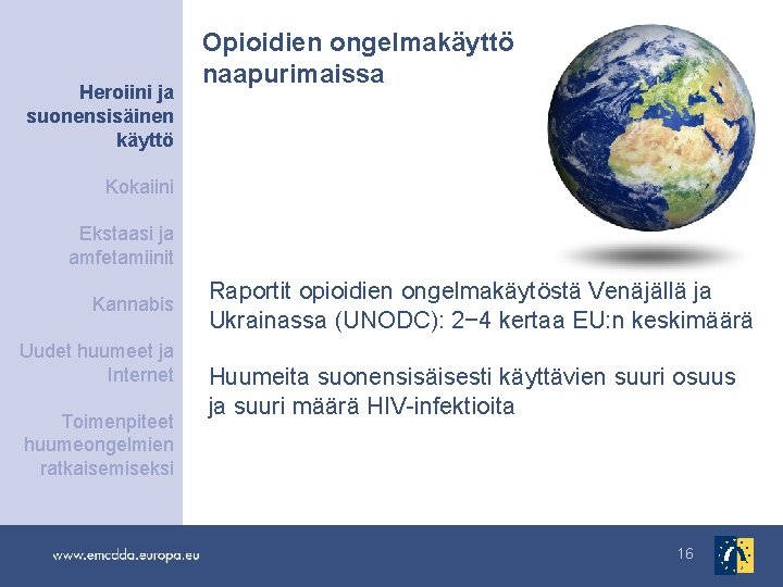 Heroiini ja suonensisäinen käyttö Opioidien ongelmakäyttö naapurimaissa Kokaiini Ekstaasi ja amfetamiinit Kannabis Uudet huumeet