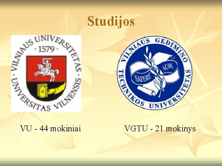 Studijos VU - 44 mokiniai VGTU - 21 mokinys 