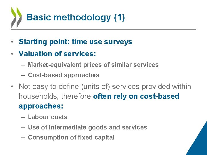 Basic methodology (1) • Starting point: time use surveys • Valuation of services: –