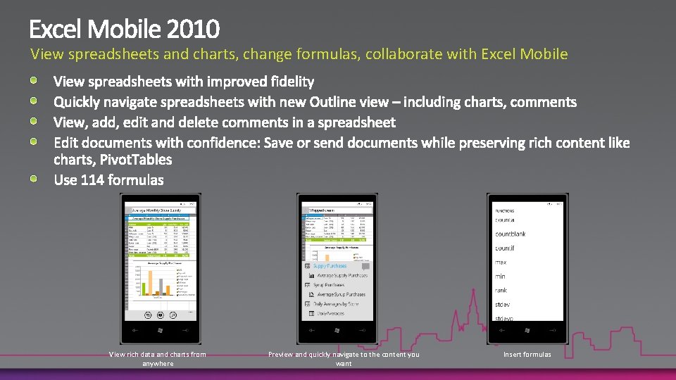 View spreadsheets and charts, change formulas, collaborate with Excel Mobile View rich data and