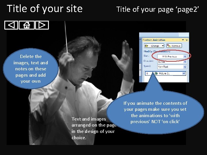 Title of your site Title of your page ‘page 2’ Delete the images, text