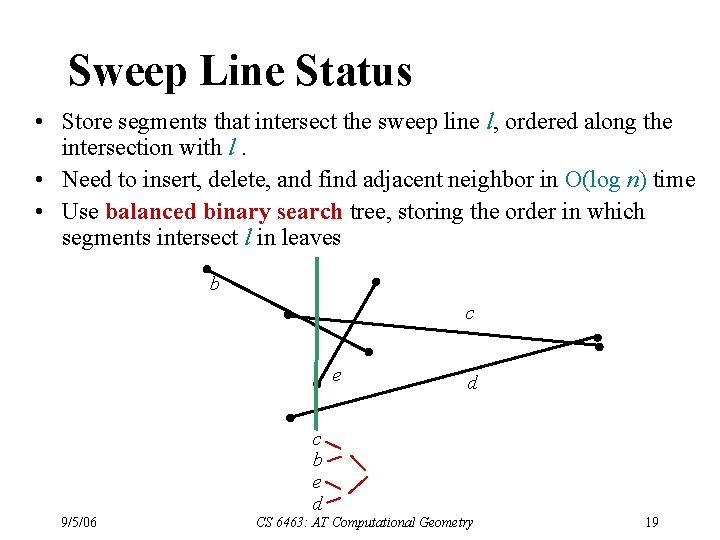 Sweep Line Status • Store segments that intersect the sweep line l, ordered along