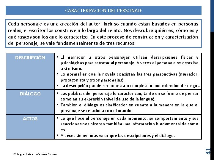 CARACTERIZACIÓN DEL PERSONAJE DESCRIPCIÓN • El narrador u otros personajes utilizan descripciones físicas y