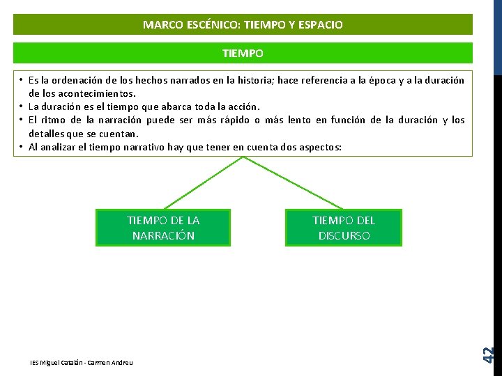 MARCO ESCÉNICO: TIEMPO Y ESPACIO TIEMPO • Es la ordenación de los hechos narrados