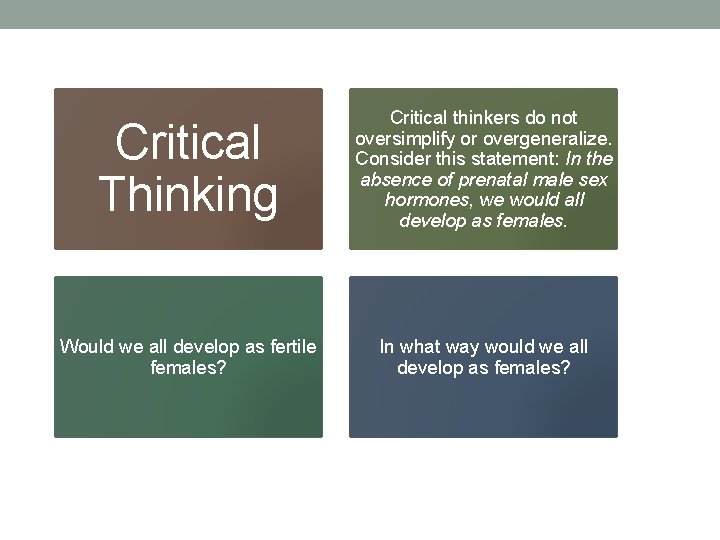 Critical Thinking Critical thinkers do not oversimplify or overgeneralize. Consider this statement: In the