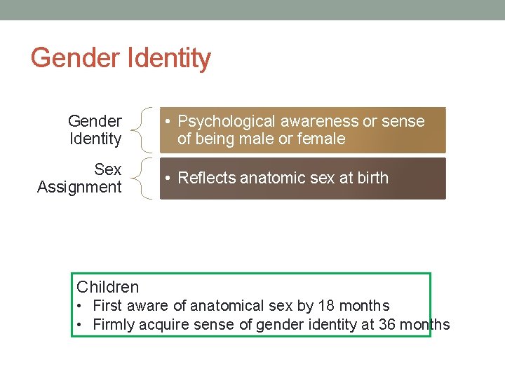 Gender Identity Sex Assignment • Psychological awareness or sense of being male or female