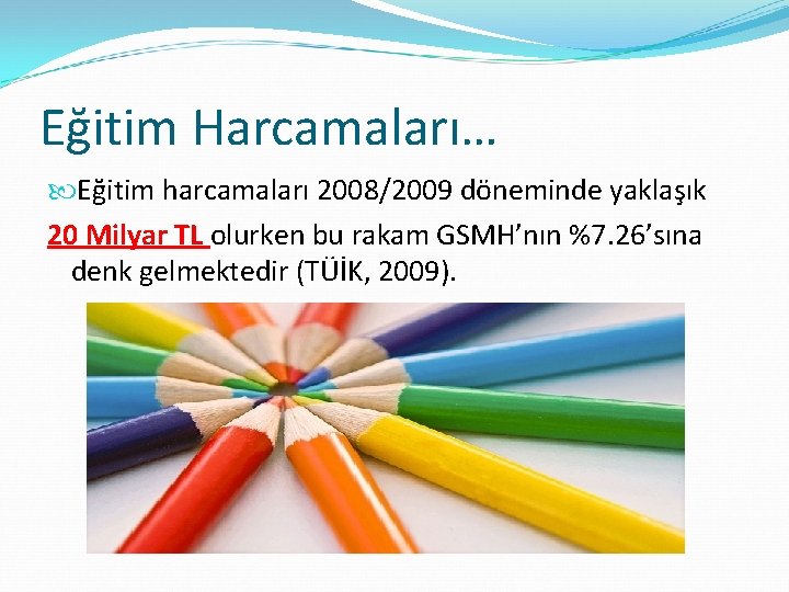 Eğitim Harcamaları… Eğitim harcamaları 2008/2009 döneminde yaklaşık 20 Milyar TL olurken bu rakam GSMH’nın