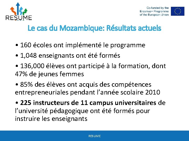 Le cas du Mozambique: Résultats actuels • 160 écoles ont implémenté le programme •