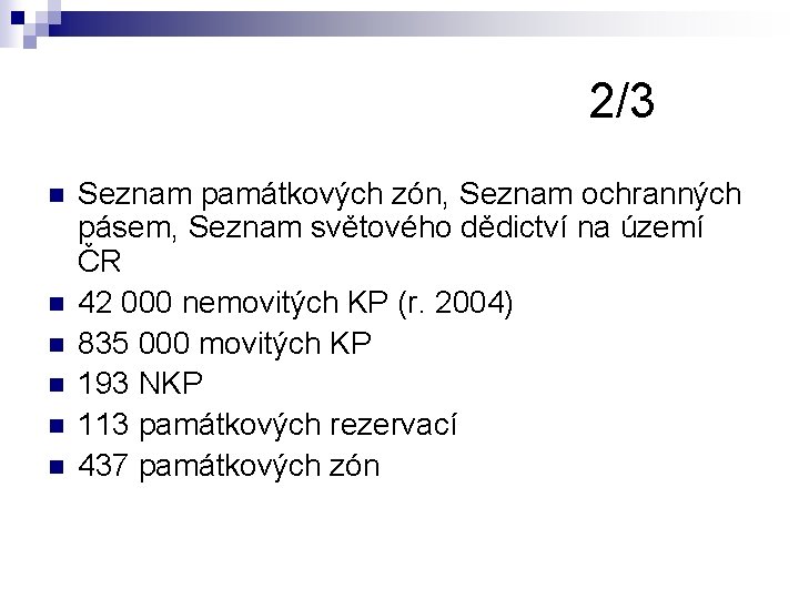 2/3 n n n Seznam památkových zón, Seznam ochranných pásem, Seznam světového dědictví na