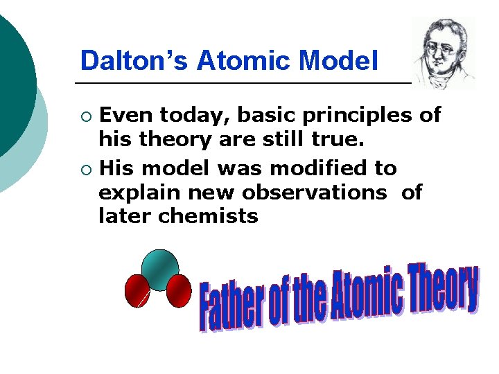 Dalton’s Atomic Model Even today, basic principles of his theory are still true. ¡