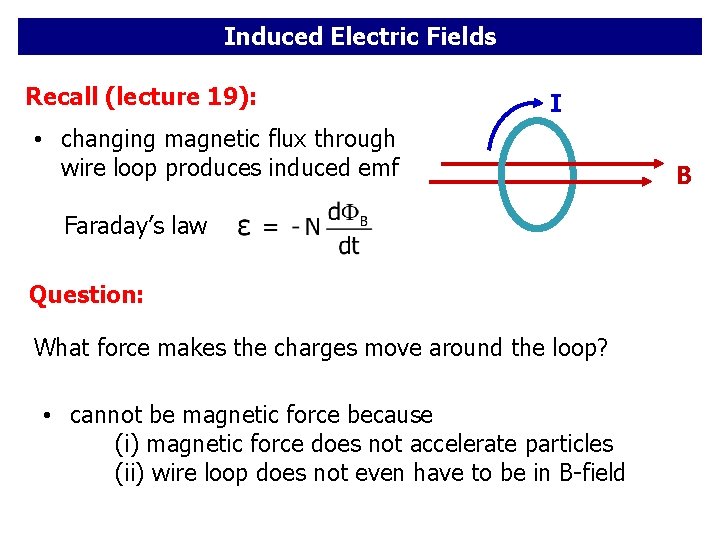 Induced Electric Fields Recall (lecture 19): I • changing magnetic flux through wire loop Induced Electric Fields Recall (lecture 19): I • changing magnetic flux through wire loop