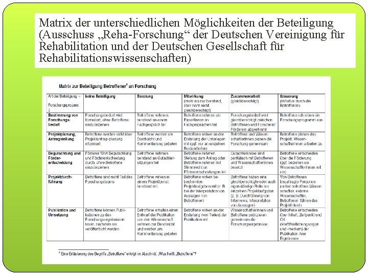 Matrix der unterschiedlichen Möglichkeiten der Beteiligung (Ausschuss „Reha-Forschung“ der Deutschen Vereinigung für Rehabilitation und