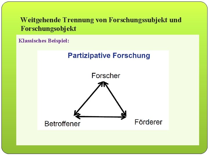 Weitgehende Trennung von Forschungssubjekt und Forschungsobjekt Klassisches Beispiel: 