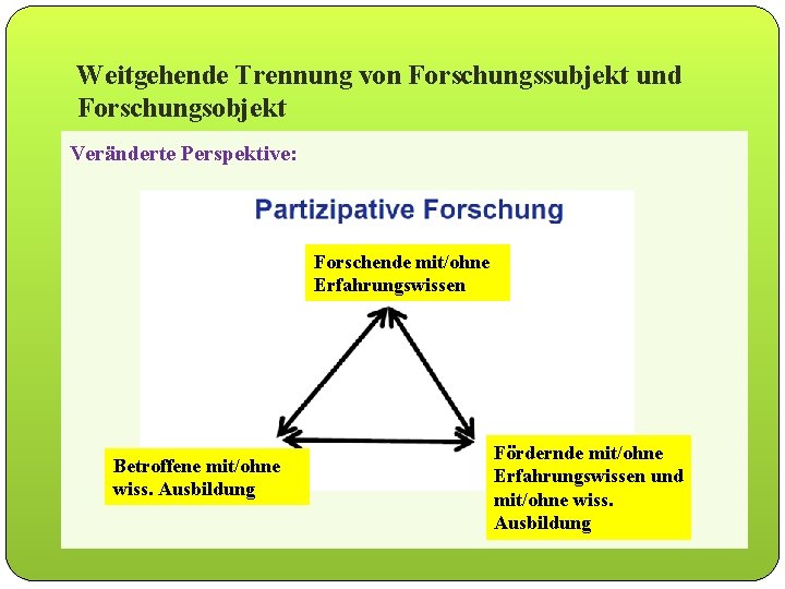 Weitgehende Trennung von Forschungssubjekt und Forschungsobjekt Veränderte Perspektive: Forschende mit/ohne Erfahrungswissen Betroffene mit/ohne wiss.