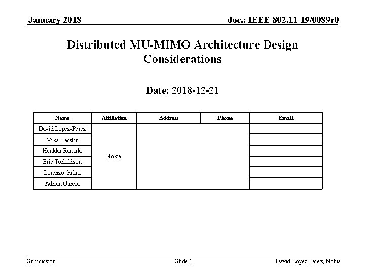 January 2018 doc. : IEEE 802. 11 -19/0089 r 0 Distributed MU-MIMO Architecture Design