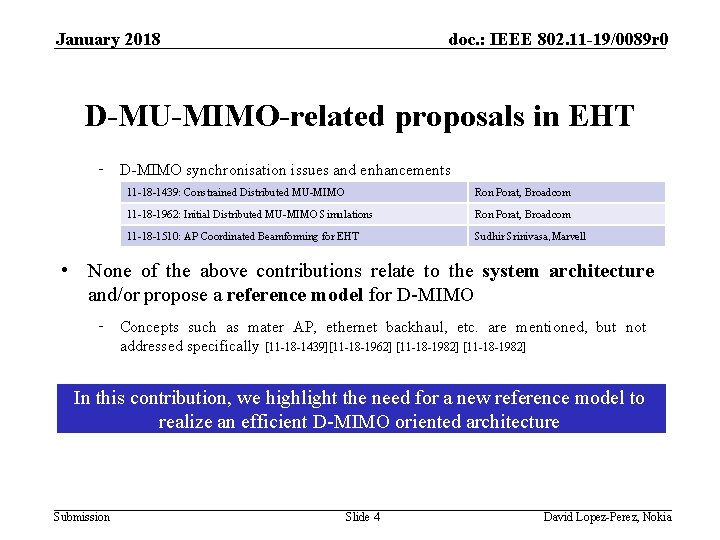 January 2018 doc. : IEEE 802. 11 -19/0089 r 0 D-MU-MIMO-related proposals in EHT