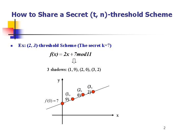 How to Share a Secret (t, n)-threshold Scheme n Ex: (2, 3)-threshold Scheme (The