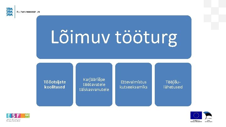 Lõimuv tööturg Tööotsijate koolitused Karjääriõpe töötavatele täiskasvanutele Ettevalmistus kutseeksamiks Tööjõulähetused 