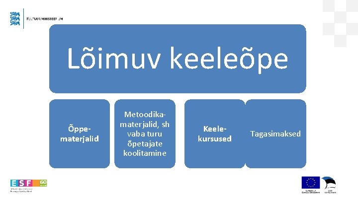 Lõimuv keeleõpe Õppematerjalid Metoodikamaterjalid, sh vaba turu õpetajate koolitamine Keelekursused Tagasimaksed 