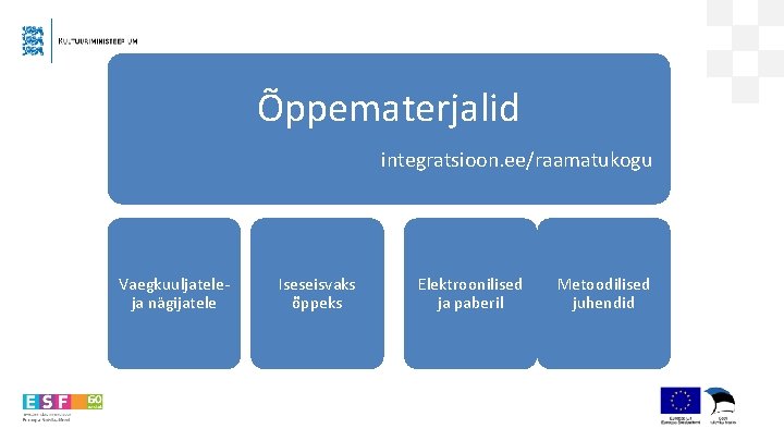 Õppematerjalid integratsioon. ee/raamatukogu Vaegkuuljateleja nägijatele Iseseisvaks õppeks Elektroonilised ja paberil Metoodilised juhendid 