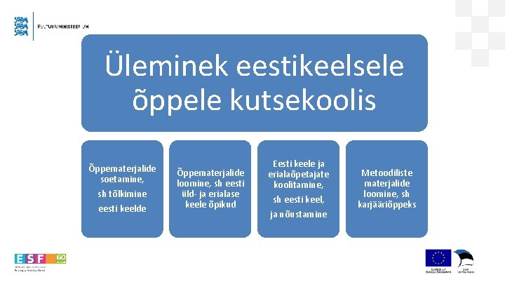 Üleminek eestikeelsele õppele kutsekoolis Õppematerjalide soetamine, sh tõlkimine eesti keelde Õppematerjalide loomine, sh eesti