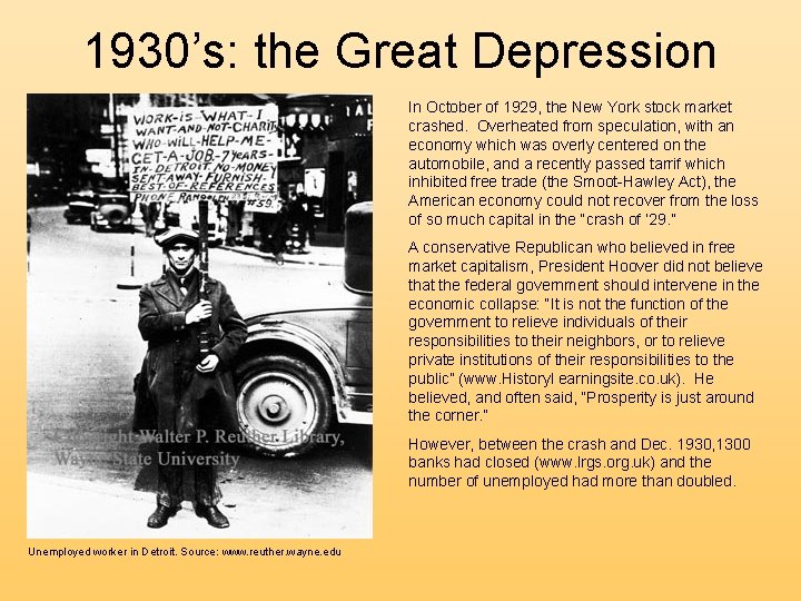 1930’s: the Great Depression In October of 1929, the New York stock market crashed.