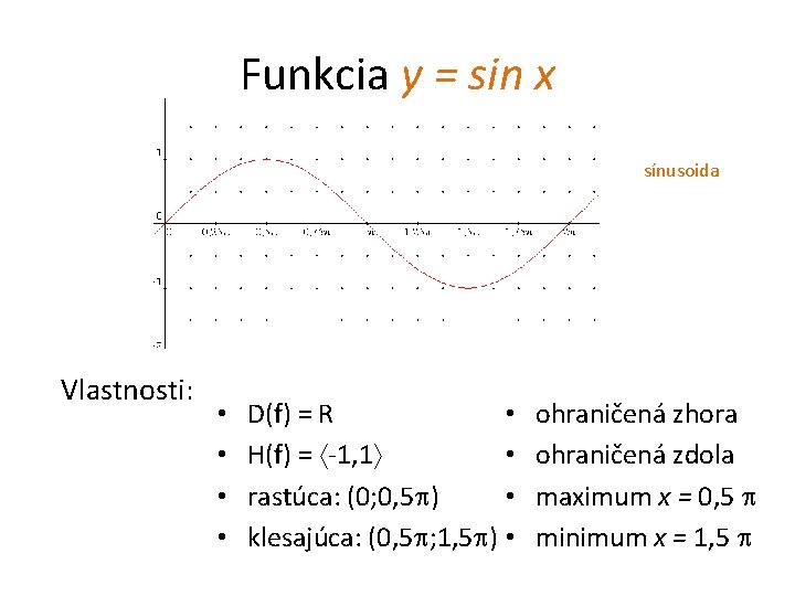 Funkcia y = sin x sínusoida Vlastnosti: • • D(f) = R • H(f)