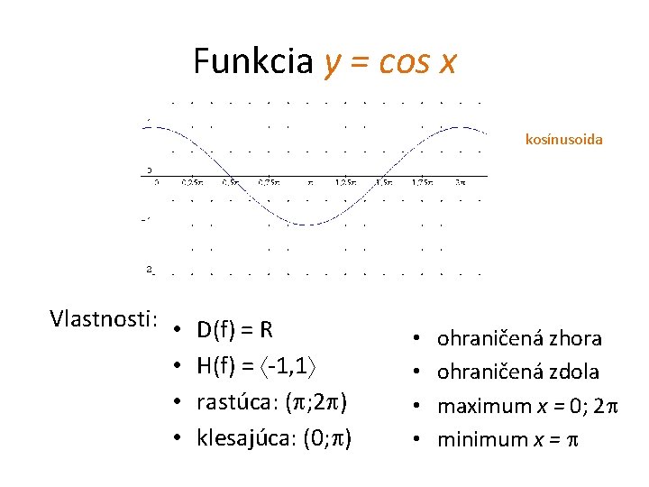 Funkcia y = cos x kosínusoida Vlastnosti: • • D(f) = R H(f) =