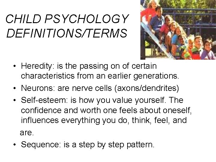 CHILD PSYCHOLOGY DEFINITIONS/TERMS • Heredity: is the passing on of certain characteristics from an
