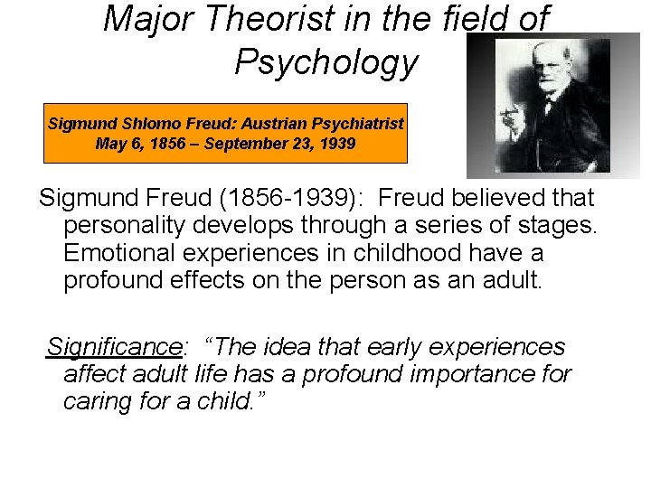 Major Theorist in the field of Psychology Sigmund Shlomo Freud: Austrian Psychiatrist May 6,