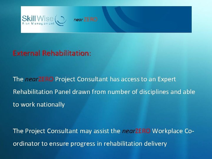 External Rehabilitation: The near. ZERO Project Consultant has access to an Expert Rehabilitation Panel