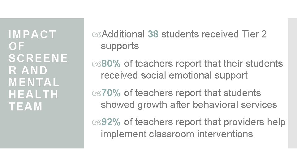 IMPACT OF SCREENE R AND MENTAL HEALTH TEAM Additional 38 students received Tier 2