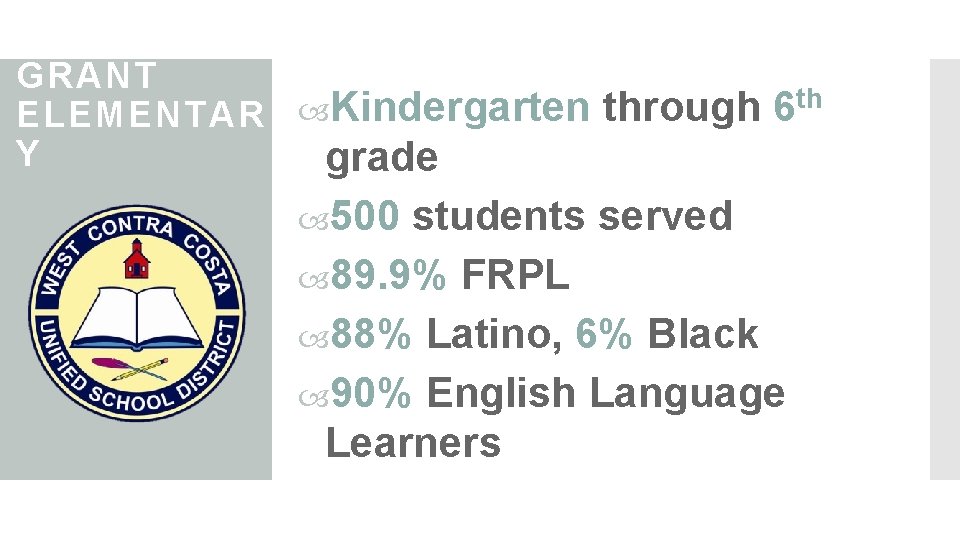 GRANT th Kindergarten through 6 ELEMENTAR Y grade 500 students served 89. 9% FRPL