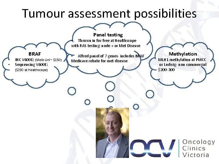 Tumour assessment possibilities Panel testing • Thrown in for free at Healthscope with RAS