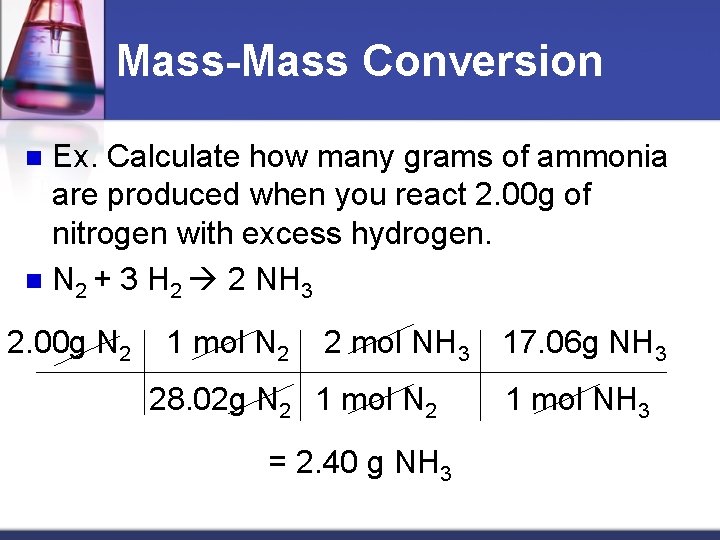 Mass-Mass Conversion Ex. Calculate how many grams of ammonia are produced when you react