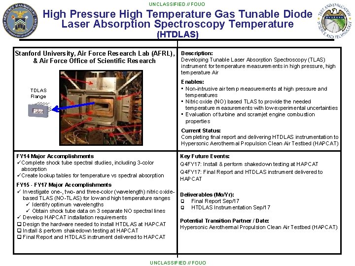 UNCLASSIFIED // FOUO High Pressure High Temperature Gas Tunable Diode Laser Absorption Spectroscopy Temperature