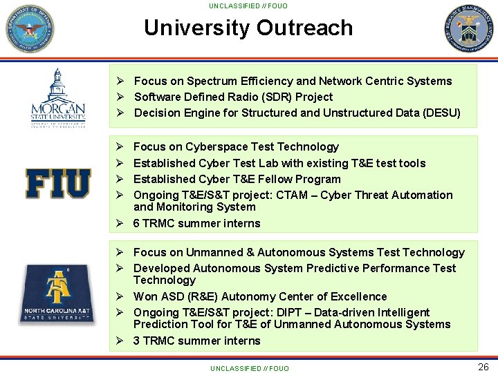 UNCLASSIFIED // FOUO University Outreach Ø Focus on Spectrum Efficiency and Network Centric Systems