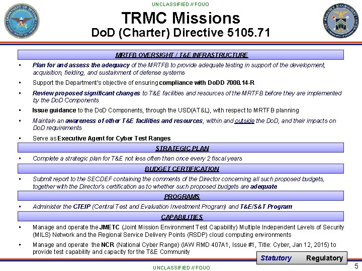 UNCLASSIFIED // FOUO TRMC Missions Do. D (Charter) Directive 5105. 71 MRTFB OVERSIGHT /