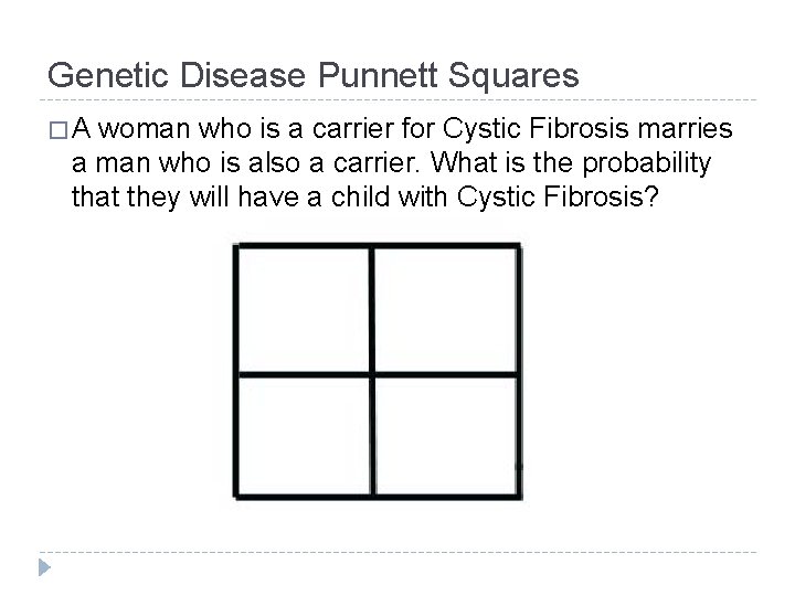 Genetic Disease Punnett Squares �A woman who is a carrier for Cystic Fibrosis marries