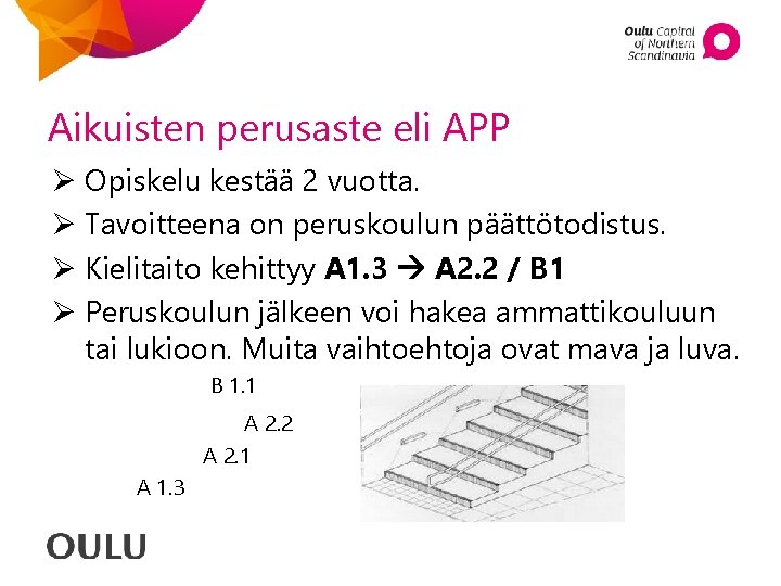 Aikuisten perusaste eli APP Ø Opiskelu kestää 2 vuotta. Ø Tavoitteena on peruskoulun päättötodistus. Aikuisten perusaste eli APP Ø Opiskelu kestää 2 vuotta. Ø Tavoitteena on peruskoulun päättötodistus.