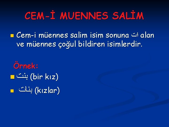 CEM-İ MUENNES SALİM n Cem-i müennes salim isim sonuna ﺍﺕ alan ve müennes çoğul