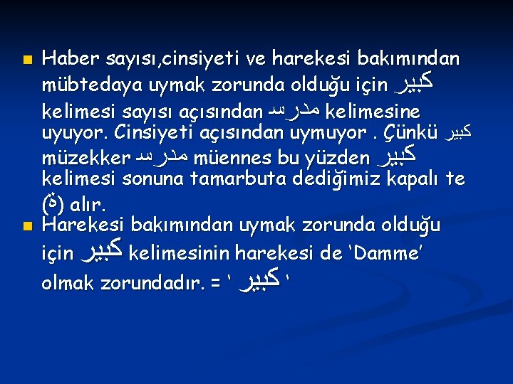 n n Haber sayısı, cinsiyeti ve harekesi bakımından mübtedaya uymak zorunda olduğu için ﻛﺒﻴﺮ