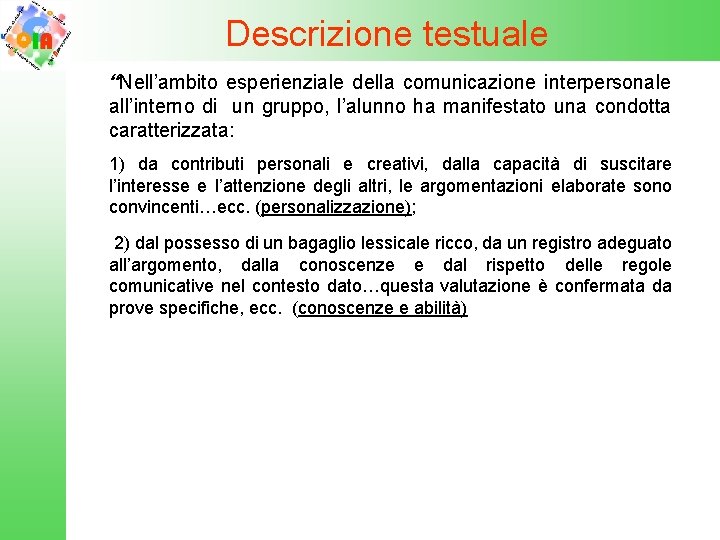 Descrizione testuale “Nell’ambito esperienziale della comunicazione interpersonale all’interno di un gruppo, l’alunno ha manifestato