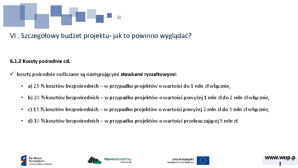 VI. Szczegółowy budżet projektu- jak to powinno wyglądać? 6. 1. 2 Koszty pośrednie cd.