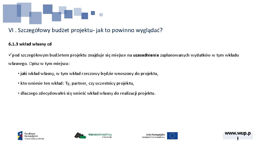 VI. Szczegółowy budżet projektu- jak to powinno wyglądać? 6. 1. 3 wkład własny cd VI. Szczegółowy budżet projektu- jak to powinno wyglądać? 6. 1. 3 wkład własny cd